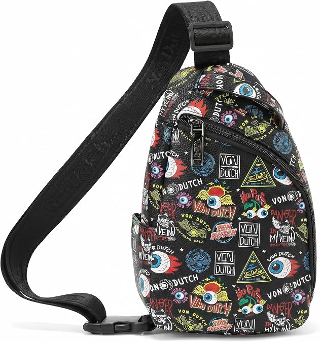Von Dutch Men's Crossbody Sling Backpack Sling Bag, Black