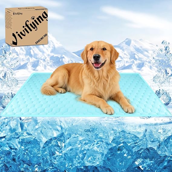 Vivifying Cooling Mat for Dogs, 60 x 40 Inch Reversible Ice Silk Pet Cooling Blanket with Waterproof Layer for Large Dogs, Soft and Breathable Summer Pet Pad for Couch, Bed, Crate, Floor (Cyan)