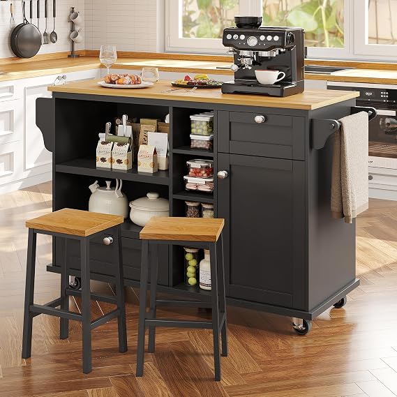 KUIKUI Kitchen Island, Kitchen Island on Wheels, Free Standing Units, Trolley with Drawers and Storage Cupboards, Storage Trolley on Wheels with Adjustable Shelf, Black