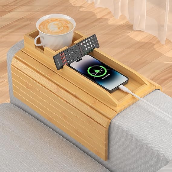 Bamboo Sofa Armrest Tray, Couch Arm Tray with Detachable Couch Cup Holder, 2 in 1 Design Anti-Slip Foldable Sofa Table,Cup Holder for Drinks Cup Cellphone Remote Snacks Eating Table