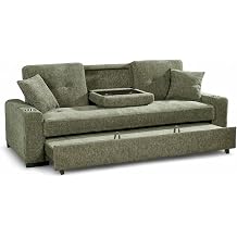 3 Seater Pull Out Sofa Bed Double with Cup Holders CHARLES - Green Click Clack Sofa Bed for Adults in Durable Textured Chenille Fabric with Drop Table and Accent Pillows, 184 x 160 Sleeping Area