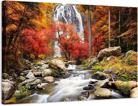 Waterfall In The Autumn Pictures Landscape Posters and Prints Canvas Painting Wall Art for Living Room Decoration (8x12inch,Framed - Ready to Hang)