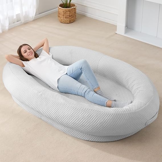 Large Human Dog Bed 72"x48"x10" Human-Sized Big Dog Bed for Adults&Pets Giant Beanbag Bed with Washable Fur Cover,Blanket and Strap(Light Grey)