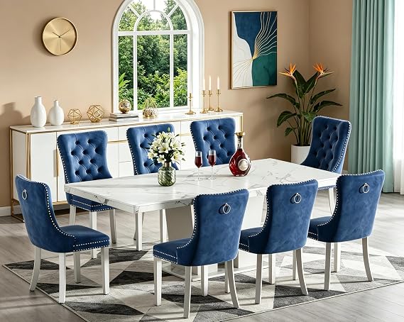 Modern Extendable Dining Table Set for 8, 63"-78.7" White Faux Marble Kitchen Table Set with 8 Blue Upholstered Chairs, 9 Piece Expandable Dining Room Table Set 6 for Living Room Apartment