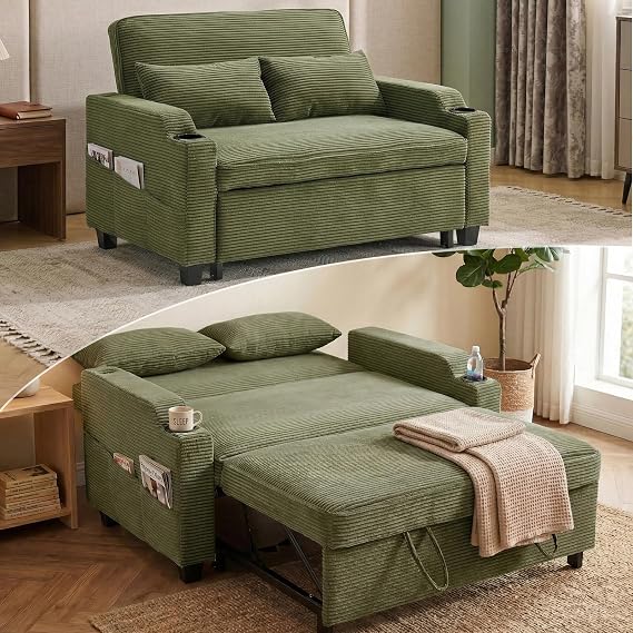Karl home 2 Seater Sofa Bed, 3-in-1 Convertible Pull Out Sleeper Sofa Couch with Adjustable Backrest, USB & Type-C Ports, Cup Holders, Side Pockets, for Living Room, Guest Room (Green)