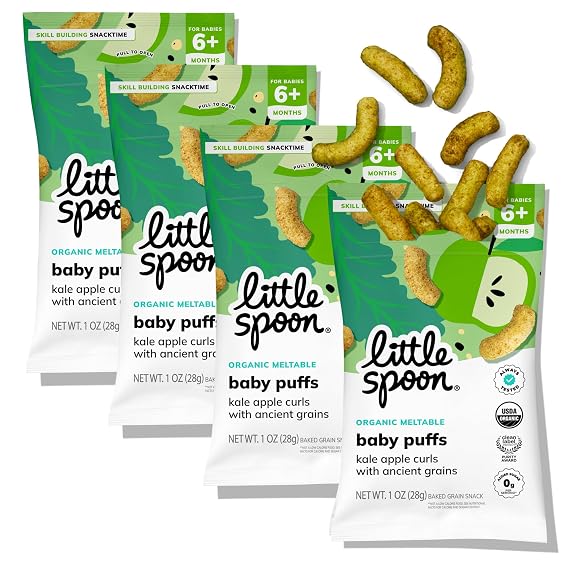 Little Spoon Kale Apple Meltable Baby Puffs, 1 Oz Bag, 4 Pack | Organic Corn Quinoa Sorghum, No Added Sugar Snacks, No Rice, Encourages Self-Feeding, For Babies 6+ Months
