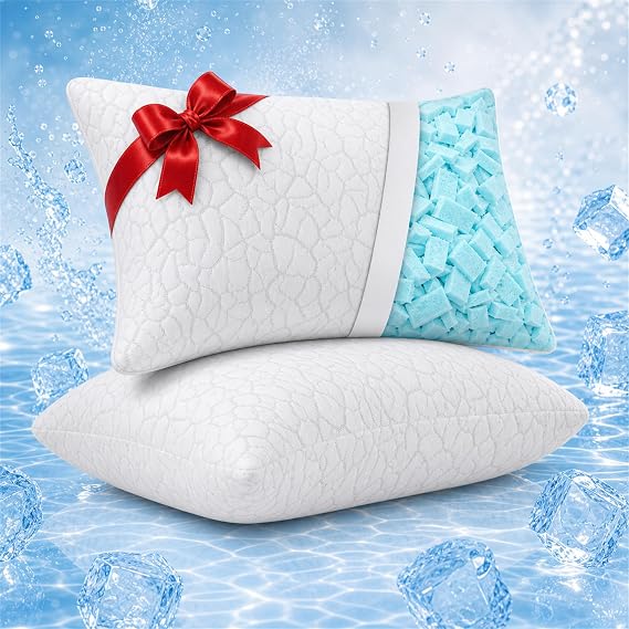 Standard Cooling Pillows Set of 2, Shredded Memory Foam Pillows Standard Size 2 Pack, Firm Bed Pillows for Side Back Stomach Sleepers, Twin Cooling Pillows for Hot Sleepers, College Dorm Room
