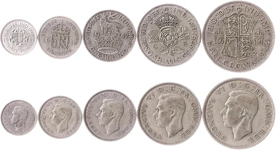 5 Coins from United Kingdom | British Coin Set Collection 3 6 Pence 1 2 Shillings Half Crown | Circulated 1937-1946 | George VI | Tudor Rose