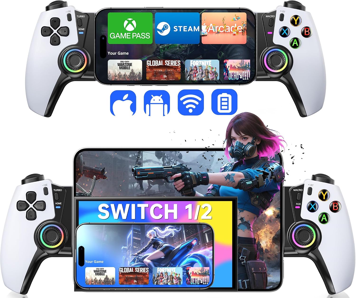 Smartphone Controller - Compatible with iPhoneAndroid, Case Support, RGB, Hall Effect Joystick is perfect for playing cloud games, Fortnite, and CoD Mobile