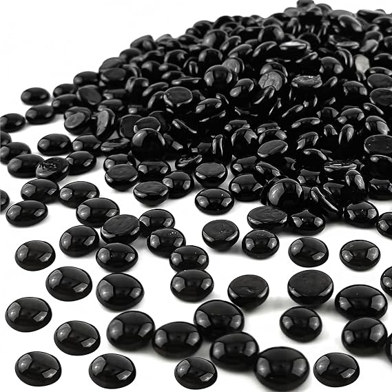 ARSUK Decorative Glass Pebbles, Stones Beads Rounded Gems Flat Marble, Vase Filler, Fire Artificial Crystal Gemstones for Aquarium, Mosaic Tiles Vases Craft, Garden Flowerpot(180 Pcs Black)