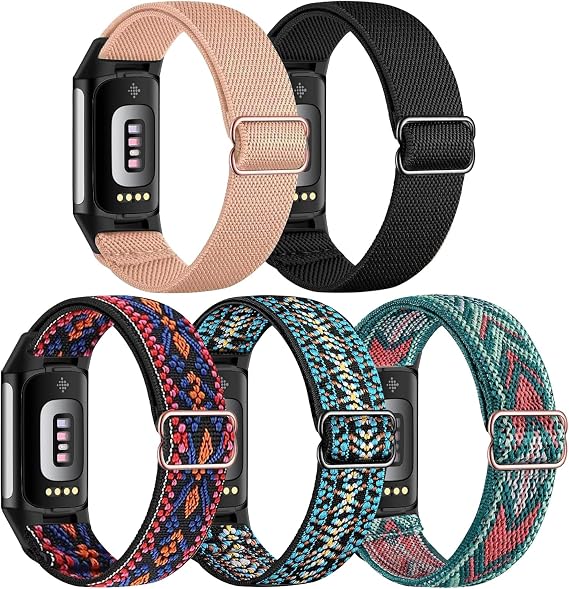 Pack of 5 Elastic Wristbands Compatible with Fitbit Charge 6/Fitbit Charge 5 Wristband, Adjustable Nylon, Breathable Replacement Strap for Fitbit Charge 6/Fitbit Charge 5 Women Men