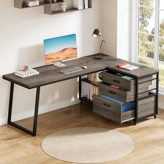Tribesigns 53" L Shaped Office Desk, Reversible Corner Computer Desk with 3 File Drawers and 2 Storage Shelves for Home Office, Study, Gaming Room (Grey)