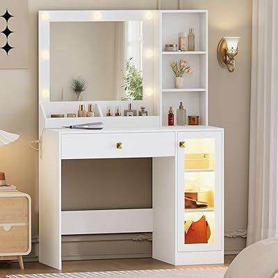 Makeup Vanity with Mirror and Lights, 34 Wide Dressing Table with Charging Station & RGB Glass Cabinet, Small Vanity Desk with 3 Color Lighting Modes & Adjustable Brightness, White