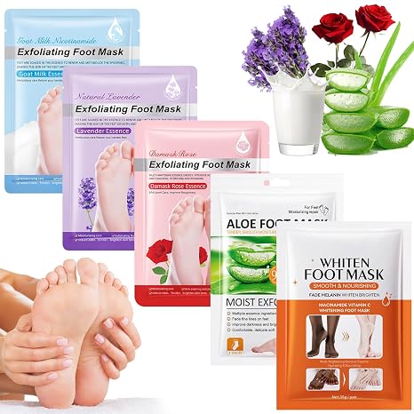 5 Pairs Foot Mask Callus Remover Socks Lavender Goat Milk Rose Aloe Whitening Exfoliating Mask Moisturising Exfoliating Foot Mask Foot Care Foot Mask Foot Peel Mask for Men and Women