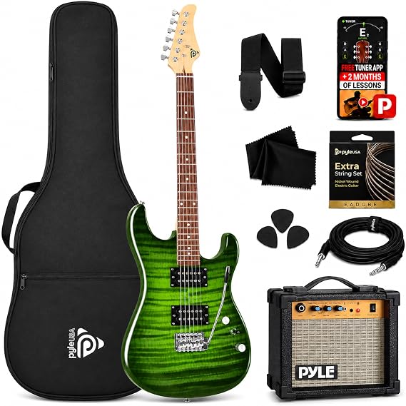 Pyle Electric Guitar Kit with Amp, Full Size Instrument with Humbucker Pickups, Guitarra Electrica Amplifier and Beginner Bundle Accessories, 39" Green