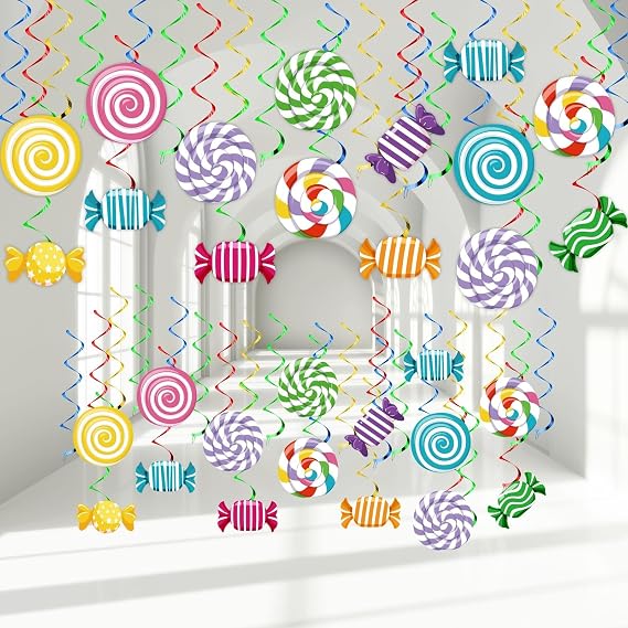 Qyeahkj 48pcs Candy World Hanging Swirls for Candy Party Decorations