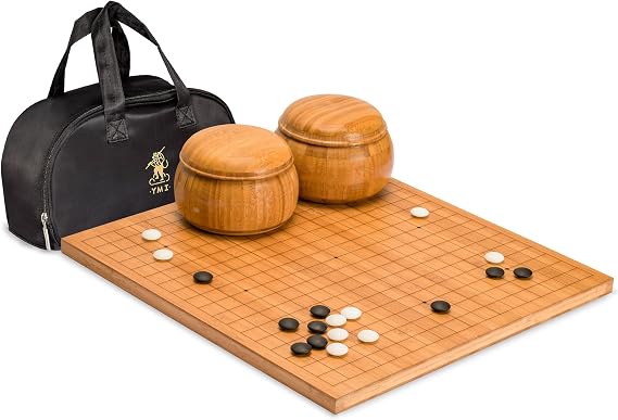 Yellow Mountain Imports Bamboo 0.8-Inch Etched Reversible 19x19 / 13x13 Go Game Set Board with 9.2mm Double Convex Yunzi Stones and Bamboo Wood Bowls Set - Classic Strategy Board Game (Baduk/Weiqi)