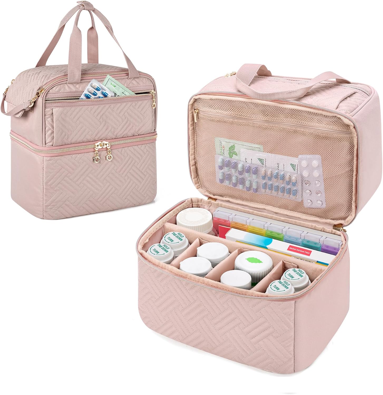 Damero Double Layers Pill Bottle Organizer Empty, Lockable Medicine Storage Bag Medication Travel Bag with 4 Customized Dividers for Prescription Bottles, Medical Supplements,Black