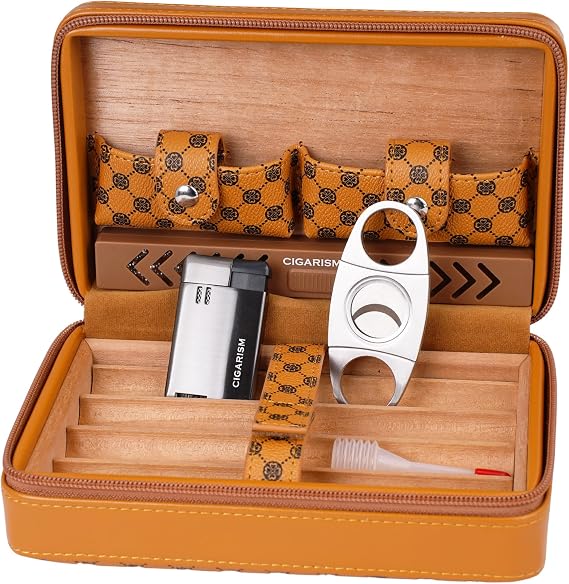 Cigar Travel Humidor, PU Leather Cigar Case, Cigar Cutter and Lighter Set (Brown)
