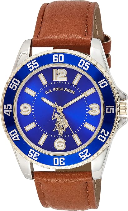 U.S. Polo Assn. Men's Brown Leather Strap Watch with Blue Dial and Silver-Tone Case Analog Quartz Timepiece with Sport Bezel Accent Box Included Fits Wrists 5.5"-8"