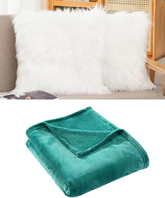 HYSEAS Set of 2 Decorative Faux Fur Throw Pillow Covers, White, 18 x 18 Inches and Flannel Fleece Throw Blanket Teal - Fuzzy Cozy Lightweight, 50x60 Inch
