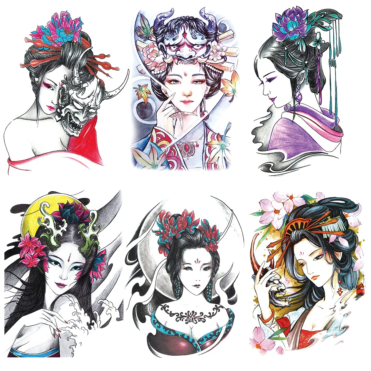 6 Sheets Arm Waterproof Temporary Tattoo Stickers, Colorful Japanese Ancient Beauty Lady Women Hairpin Geisha Prajna Lotus, suit for Leg Back Thigh