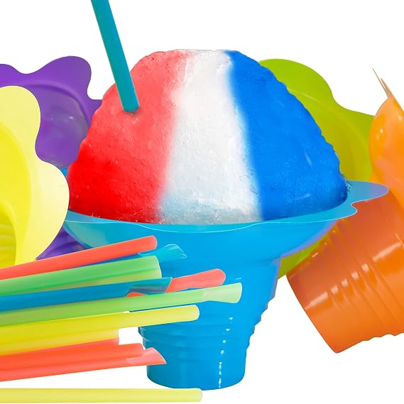 Leak Proof & Drip Catching, Super Cute Reusable 4oz Flower Snow Cone Cups with Straws 10 Pk, Colorful Easy Grip Bowls Perfect for Birthday Parties, Summer Cookout, Shaved Ice, Snack, Ice Cream