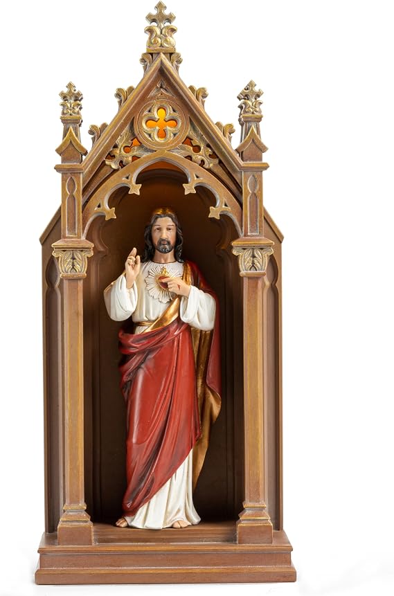 BC Catholic Sacred Heart of Jesus Statue, Jesus Christ Sculpture, 14.9" H Blessed Tabletop Shrine with LED Light, Religious Gift for Father's Day, Renaissance Sculpture Handmade by Buildclassic