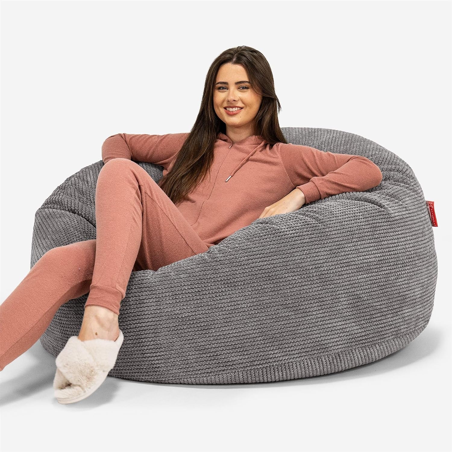 Lounge Pug Mammoth Extra Large Bean Bag, Charcoal Grey, Giant Size Adult Living Room Beanbag, Plush Waffle Texture Pom Pom Fabric