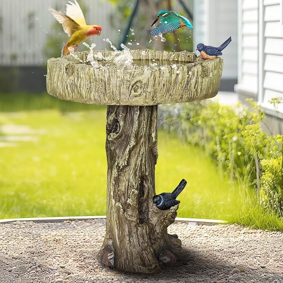 SunJet 24.4 Inch Heigh Wood-Look Concrete Bird Bath with Decorative Faux Bird birdbath Rustic & Long-Lasting Design, Enhances Garden, Patio, Yard, Lawn Decor