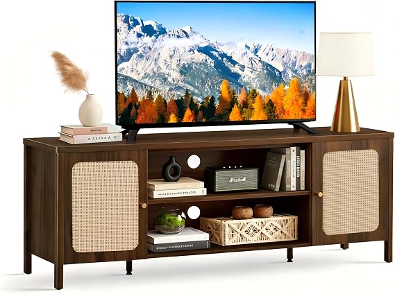 KISLOT Rattan TV Stand for TVs up to 75'' Boho Entertainment Center with Adjustable Shelf Television Stand with 2 Storage Cabinets Media Console Wooden TV Cabinet for Living Room Bedroom,Walnut