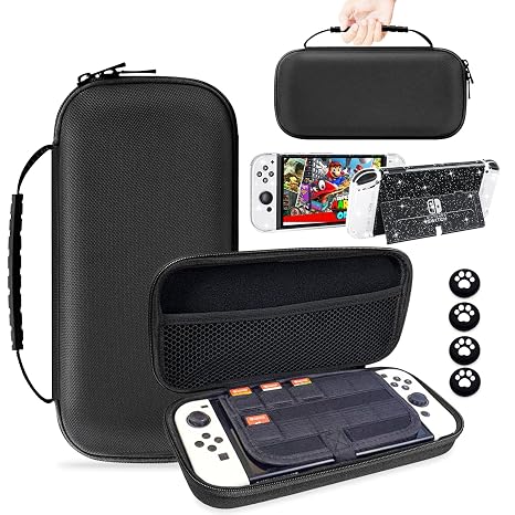 Carrying Case for Nintendo Switch OLED, Portable Switch OLED Case Bundle | Switch OLED Case Protector Kit Carry Case, Clear Glitter Switch Cover, Thumb Grips, Hard Protective Shell Travel Pouch Black