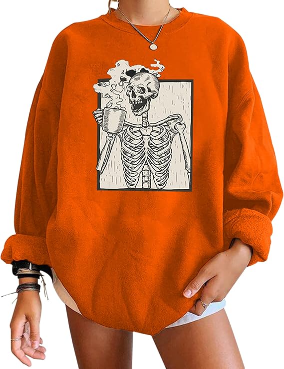 Meladyan womens Halloween Skull Graphic Print Fleece Oversized Sweatshirt Crewneck Long Sleeve Drop Shoulder Pullover, Pumpkin Orange, Small