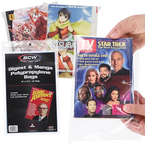 BCW Digest & Manga Polypropylene Bags 100 Pack | Clear Acid-Free Manga & Digest Book Protector Bags with Fold-Over Flap | Archival-Safe Storage for Manga & Readers Digest