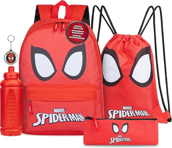 Marvel School Bag Set, 5 Piece Set with Backpack, Drawstring Bag, Pencil Case, Water Bottle & Keyring - Boys Gifts (Red Spiderman)