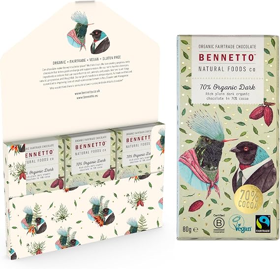 Bennetto 70% Organic Dark. Rich, plain dark chocolate with 70% cocoa. Certified organic, Fairtrade, and net climate positive. 6 x 80g Bars.