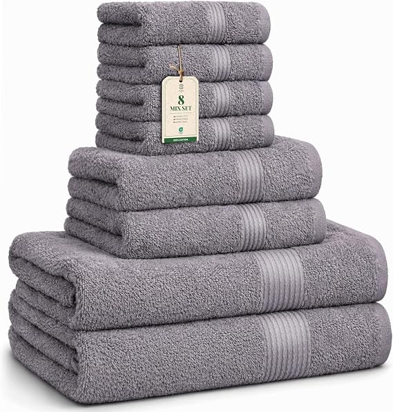 Luxe Set – Washcloths (30 x 30cm), Hand Towels (40 x 70cm) & Bath Towels (65 x 137 cm) – 100% Cotton, Soft, Absorbent, Easy Care, Versatile, Stone Grey