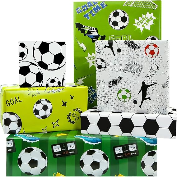 Sports Soccer Football Gift Wrapping Paper, 6 Folded Sheets Green White Soccer Ball Goal Birthday Wrapping Paper Gift Wrap Paper 20x28 inch for Boy Men Kid Baby Shower Father's Day Christmas Party