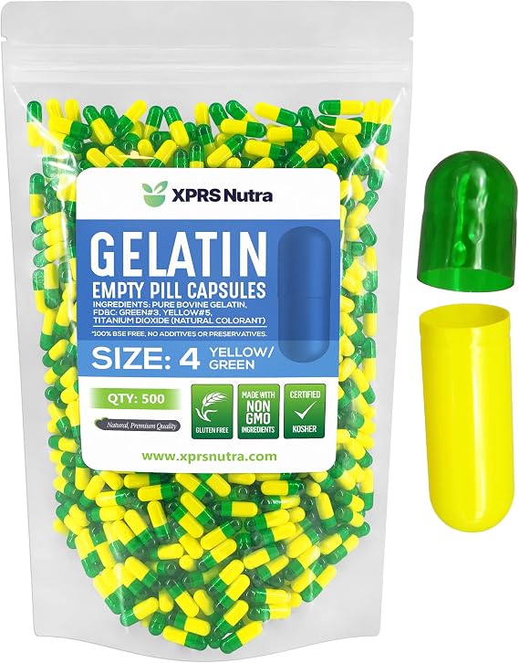 XPRS Nutra Size 4 Empty Capsules - 500 Count Small Empty Gelatin Capsules - Pills DIY Capsule Filling - Bovine Pill Gel Caps (Green/Yellow)