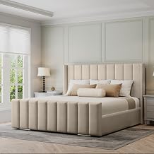 Vienna Wingback Super King Bed Frame, 6ft Super King Size Bed, Luxury Plush Velvet Upholstered Panelled Design, Strong Wooden Beds Frame 6ft Size with High Headboard in Cream Plush