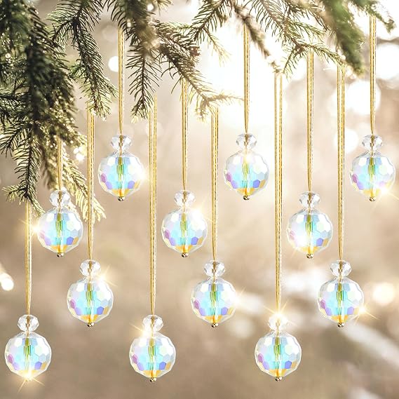 12PCS Christmas Tree Decorations Crystal Ball Hanging Ornaments 22mm Glass Christmas Baubles Rainbow Prism Balls Suncatcher Xmas Tree Multicolor Pendants for Xmas Party Wedding Home Decor