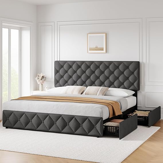 coucheta King Size Bed Frame with 4 Storage Drawers, Upholstered Platform Bed Frame with Adjustable Headboard, Diamond Stitched Button Tufted, Wood Slats Support, No Box Spring Needed