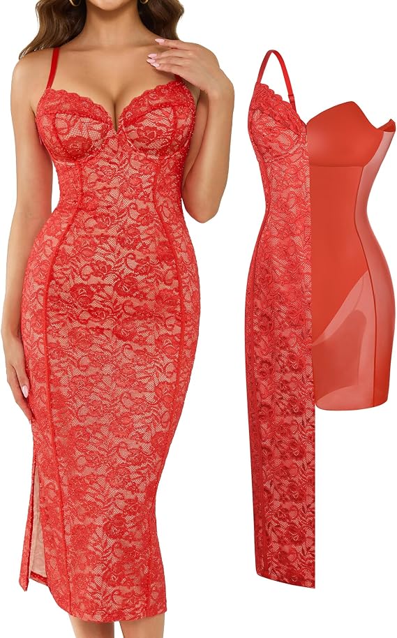 Popilush Lace Corset Dress with Built in Shapewear Formal Cocktail for Women Deep V Neck Side Slit Bodycon Midi Black
