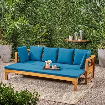 JovyTide Acacia Wood Daybed Sofa, Rustic X-Frame Outdoor Patio Furniture, Expandable&Water-Resistant Cushions, Durable Hardwood Lounge Bed, 79.5 Wide Teak