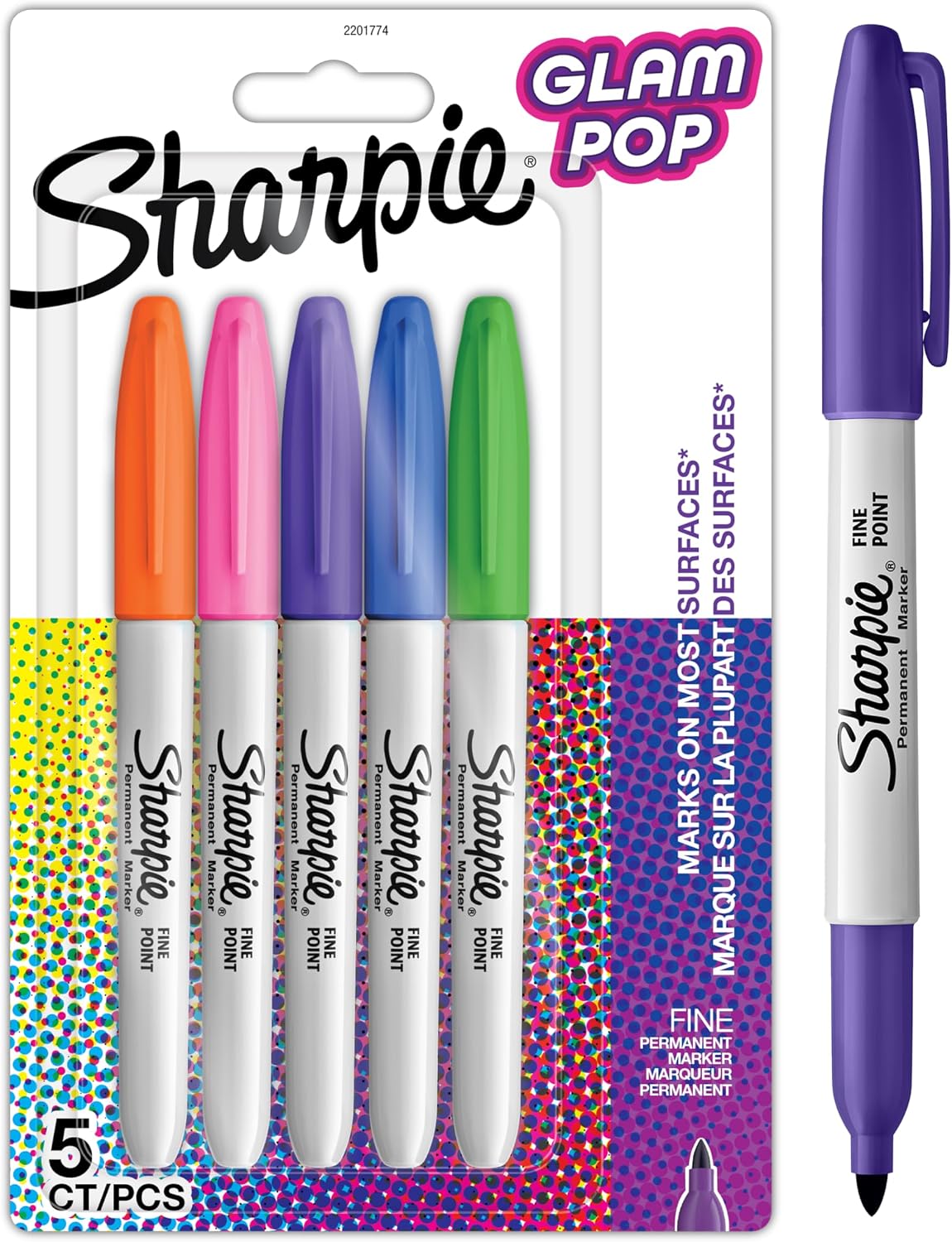 Sharpie Glam Pop permanent markers, fine dot for thick details, various vibrant colors | 5 felt pen