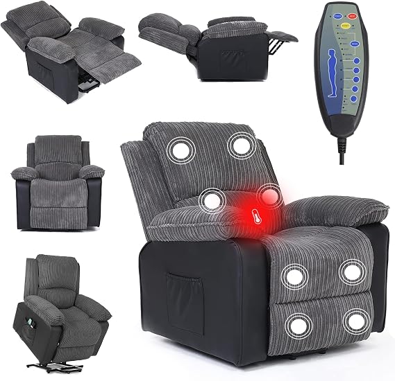 Massage Recliner Chair, Dual Motor Power Lift Recliner Armchair Chair, Heated 8 Point Massage Sofa Chair, Soft Padded Electric Riser Recliner Sofa with Remote Side Pocket | Rise+Recliner - Gray