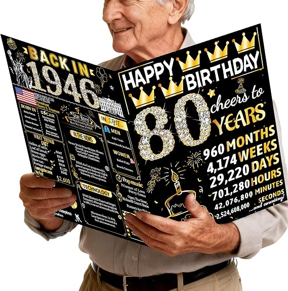Joycard 80th Jumbo Birthday Card with Envelope, 80th Birthday Decorations for Women Men, 80th Birthday Gifts for Grandpa Grandma, Happy Birthday Cards for 80 Year Old Mother Dad, Back in 1946