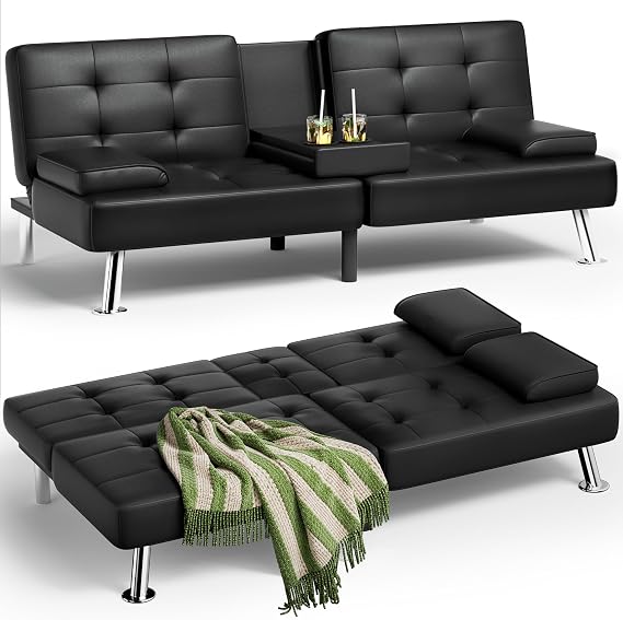 Homall Futon Sofa Bed, Leather Futon Couch with Removable Armrests, Adjustable Recliner Sleeper Sofa Bed with Dual Cup Holders for Living Room, Apartment, Office (Black), 30.7 x 65 x 28
