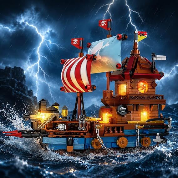Ouepiano 916PCS LED Lighted Pirate Ship Model Building Kit for Adults,Large Pirate Ship Building Blocks Set with Opening Treasure Chest & Movable Parts,Gift for Teens,Adults