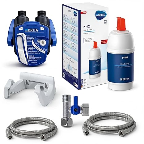 Brita P1000 Under-Sink Water Filter Complete Set With Filter Head Hoses & Corner Valve Adapter Protects Coffee Machine & Kettle From Limescale For Softer Better Tasting Drinking Water